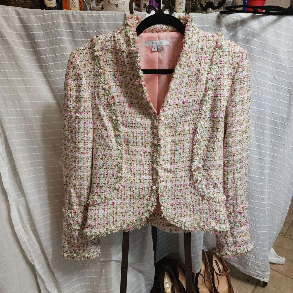 ICE Women Multi Color Tweed Blazer Floral Rosette Trim Fringe Jacket Size 8
